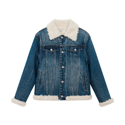 FUNKYFUN 秋冬复古洗水蓝羊羔绒翻领撞色加绒牛仔夹克外套