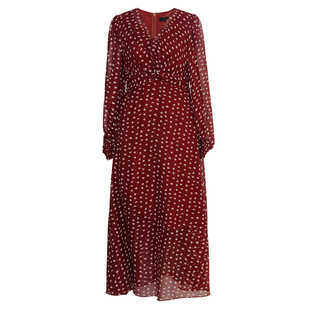 罗衣复古灯笼袖雪纺连衣裙女早春时髦宴会褶皱V领红色中长裙13288