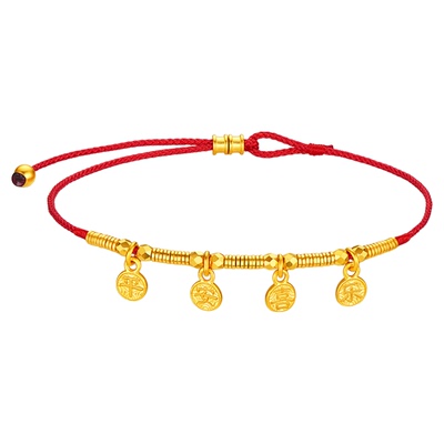金至尊平安喜乐黄金手链女古法金算盘足金999红绳手链本命年手串