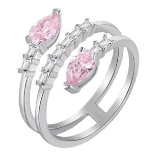 AU750纯18K时尚镶嵌美国进口D色莫桑石双蛇头粉钻水滴戒指气质潮