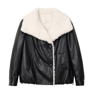 蓝语大码时髦雾面毛领PU皮衣短外套女2025冬季新款保暖羽绒服上衣