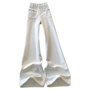 米白色小香风窄版阔腿裤女秋季加绒毛呢高腰镶钻显瘦休闲直筒裤子