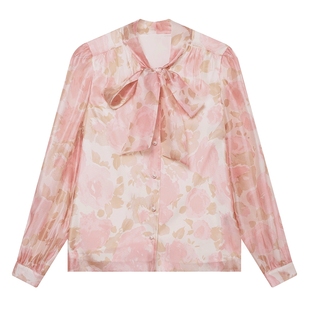 白鹿语法式仙气印花蝴蝶结衬衫女2025春季新款温柔洋气飘带上衣