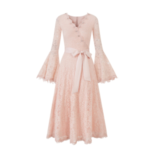 Sun雅乔【甜桃娇娇】秋冬名媛辣妹优雅气质V领钉珠蕾丝长袖连衣裙