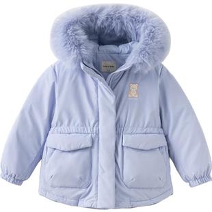 戴维贝拉中大童羽绒服2026新款冬女童防泼水毛领连帽儿童外套冬装
