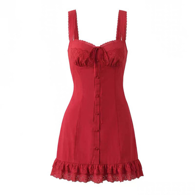 方领后背绑带度假小红裙吊带裙