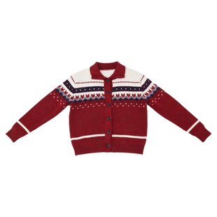 Basic House/百家好费尔岛红色提花针织开衫女士2026春季新款毛衣