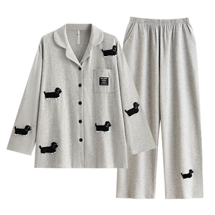 悦内睡衣女春秋款秋季纯棉长袖家居服休闲狗大码华夫格时尚套装