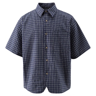 藏青泡泡棉格子短袖衬衫男生2026新款夏季百搭宽松休闲衬衣纯棉