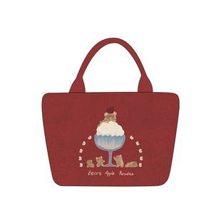 红色复古手提包可爱小熊帆布包小众设计感百搭手拎小包带拉链Q353