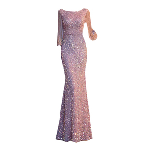 优雅名媛重工亮片晚礼服女长袖鱼尾裙轻奢高级感主持年会宴会长裙