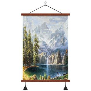 画堂主中式聚宝盆山水画挂画流水生财客厅玄关装饰画招财卷轴壁画