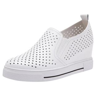 内增高小白鞋女2025新款夏季镂空透气真皮女鞋一脚蹬小个子休闲鞋