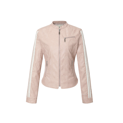 threetimes春季修身立领机车仿皮衣夹克外套女正肩2026春秋酷飒风