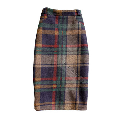 后开叉格子中裙文艺复古秋冬新款