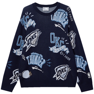 杰克琼斯NBA联名款雷霆队男装冬季新款时尚满印宽松圆领毛针织衫