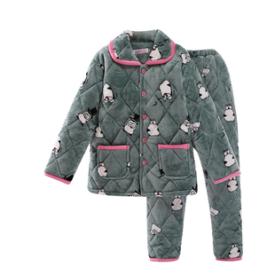 睡衣女夹棉秋冬季法兰绒三层加厚睡衣珊瑚绒家居可爱保暖大码套装