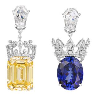 摩邦珠宝钻多多黄蓝撞色皇冠爱心耳钉时尚轻奢女士耳饰礼物