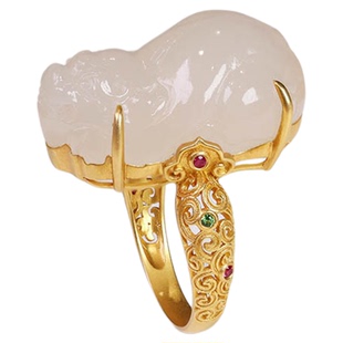 暑期礼物天然和田玉戒指女藕粉白玉貔貅镶18k金指环a货送老婆礼物