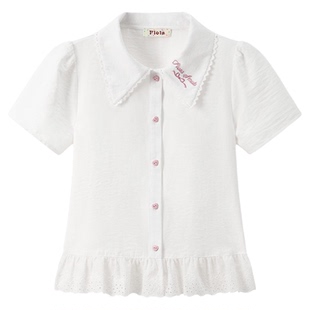 快乐兽 粉色爱心纽扣刺绣Polo娃娃衫短袖女下摆蕾丝边显瘦短上衣