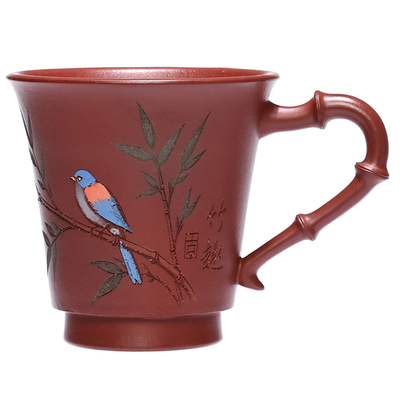 宜兴手工泥绘带把紫砂品茗杯