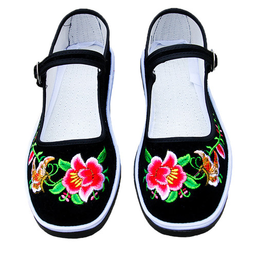 老北京绣花鞋民族风刺绣女布鞋一字扣方口千层底上线工艺平底单鞋