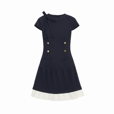 通勤双排扣收腰拼接连衣裙春夏