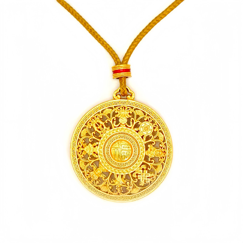 古法9999金包银八宝罗盘吊坠女镂空福字黄金项链挂件毛衣链送女友