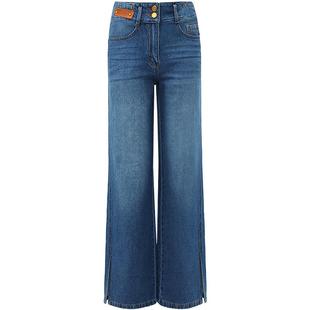 COCOBELLA复古水洗侧开叉牛仔裤女质感皮标微喇阔腿休闲裤DN616