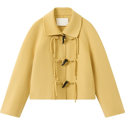 播翻领牛角扣短款灰色毛呢外套女秋冬宽松上衣DDS4AD5284