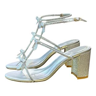 高级感仙女风水钻蝴蝶结高跟凉鞋2024新款绝美水晶鞋粗跟婚鞋公主