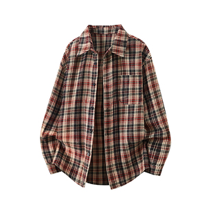 BOYUE帛跃美式复古格子长袖衬衫撞色帅气休闲加肥加大码外套男女