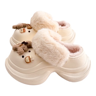 Bzbz女士冬季棉拖鞋厚底增高防滑外穿毛毛拖鞋时尚加绒保暖洞洞鞋