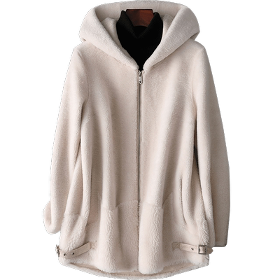 带帽拼接前短后长羊剪绒大衣女