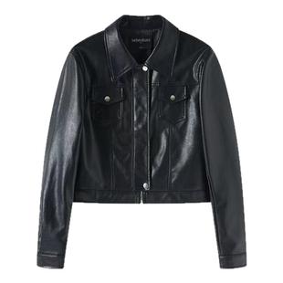 【liebeskuss】2025春款皮衣女士PU皮衣复古机车风正肩翻领短外套