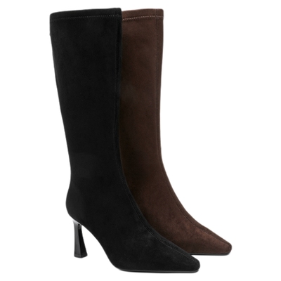 月芽儿长靴女2025秋冬新款细跟高跟长筒靴尖头绒里复古弹力瘦瘦靴