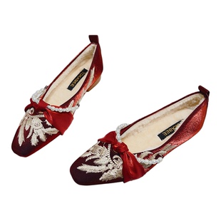 新中式国风刺绣旗袍鞋女2025秋冬季新款复古粗跟气质外穿毛毛鞋子