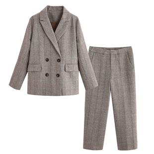 吉米家丨秋冬款条纹呢子羊毛呢宽松西服套装oversize西装外套女