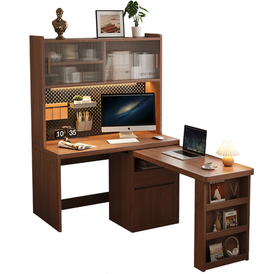 实木书桌书架一体转角电脑桌家用定制小户型卧室一体靠墙学习桌子