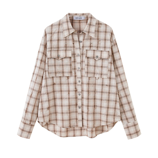 DIDDI MODA复古做旧口袋印花格子衬衫外套上衣早秋女装2025新款