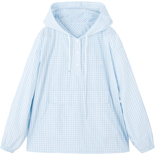 商场同款URLAZH有兰2025秋季新款蓝白格纹半开襟连帽套衫外套女