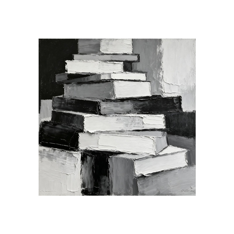 可班手绘油画黑白书堆客厅装饰画