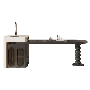 法式中古风带水槽可伸缩岛台餐桌一体家用小户型齐平实木岩板倒台