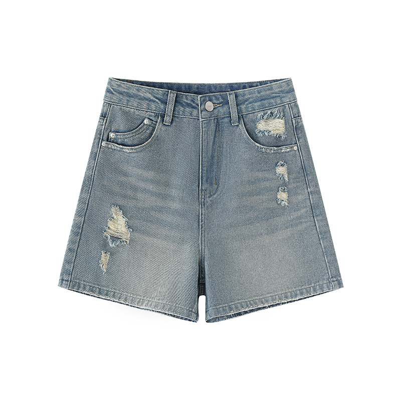 浅色破洞牛仔短裤女夏薄款大码胖mm宽松显瘦梨形身材a字阔腿热裤