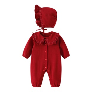 满月女宝宝新生婴儿红色连体衣包屁衣周岁纯棉小月龄公主女孩秋装