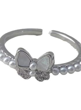 甜美精致小巧微镶蝴蝶珍珠戒指