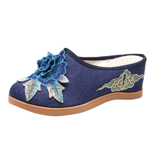 高跟布拖鞋亚麻拖鞋春款老北京包头布拖鞋女复古增高坡跟绣花拖鞋