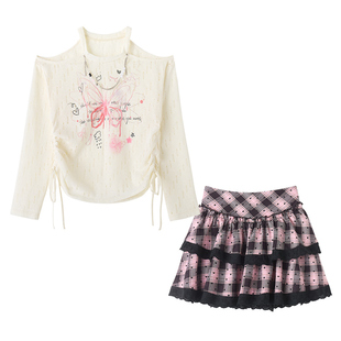 织物猪 粉墨蝴蝶 甜酷风破洞露肩上衣女早春破旧肌理感长袖针织衫