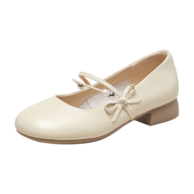 YRC温柔风浅口玛丽珍鞋女2025春季新款软面一字带蝴蝶结珍珠单鞋