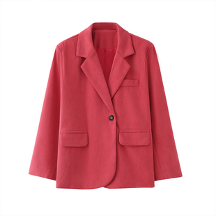 玫红色灯芯绒西装外套女春秋季英伦风休闲气质chic正肩条绒小西服